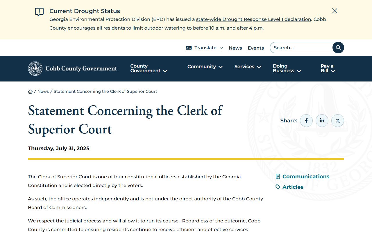 Cobb County Clerk of Superior Court constitutional officer statement