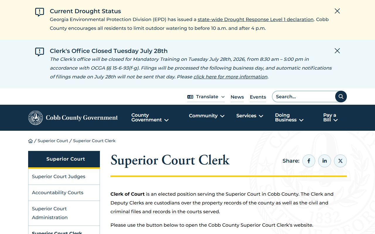 Cobb County Clerk of Superior Court contact page