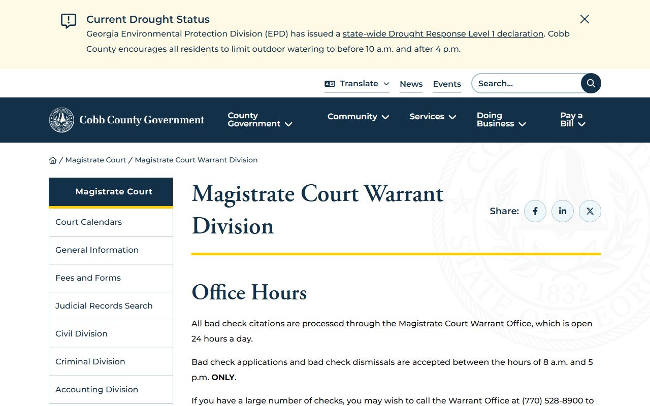 Cobb Magistrate Court Warrant Division page for arrest warrant process