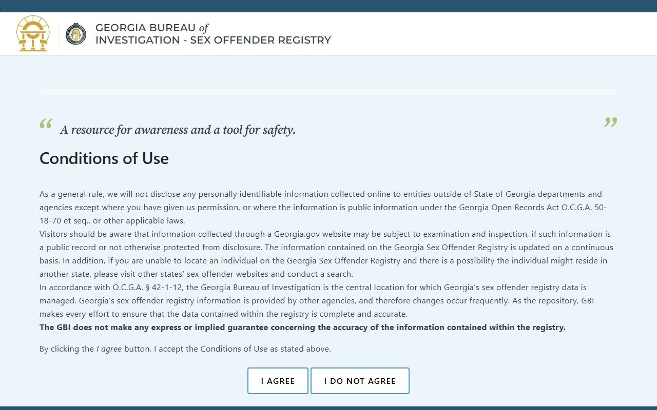 Georgia Bureau of Investigation sex offender registry search page