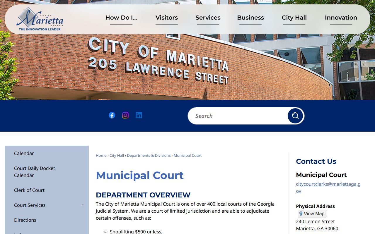 Cobb County court dockets Marietta Municipal Court page