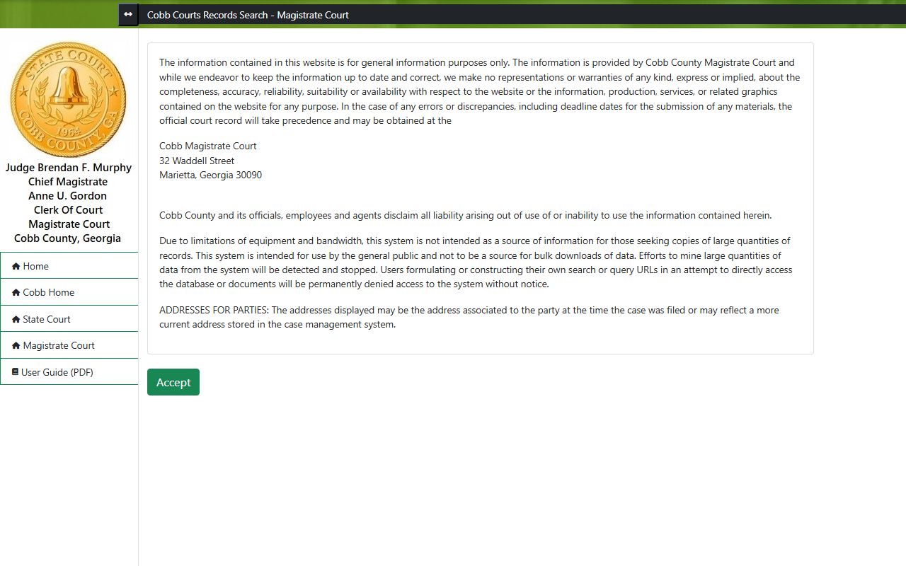 Cobb County court records Magistrate Court search disclaimer
