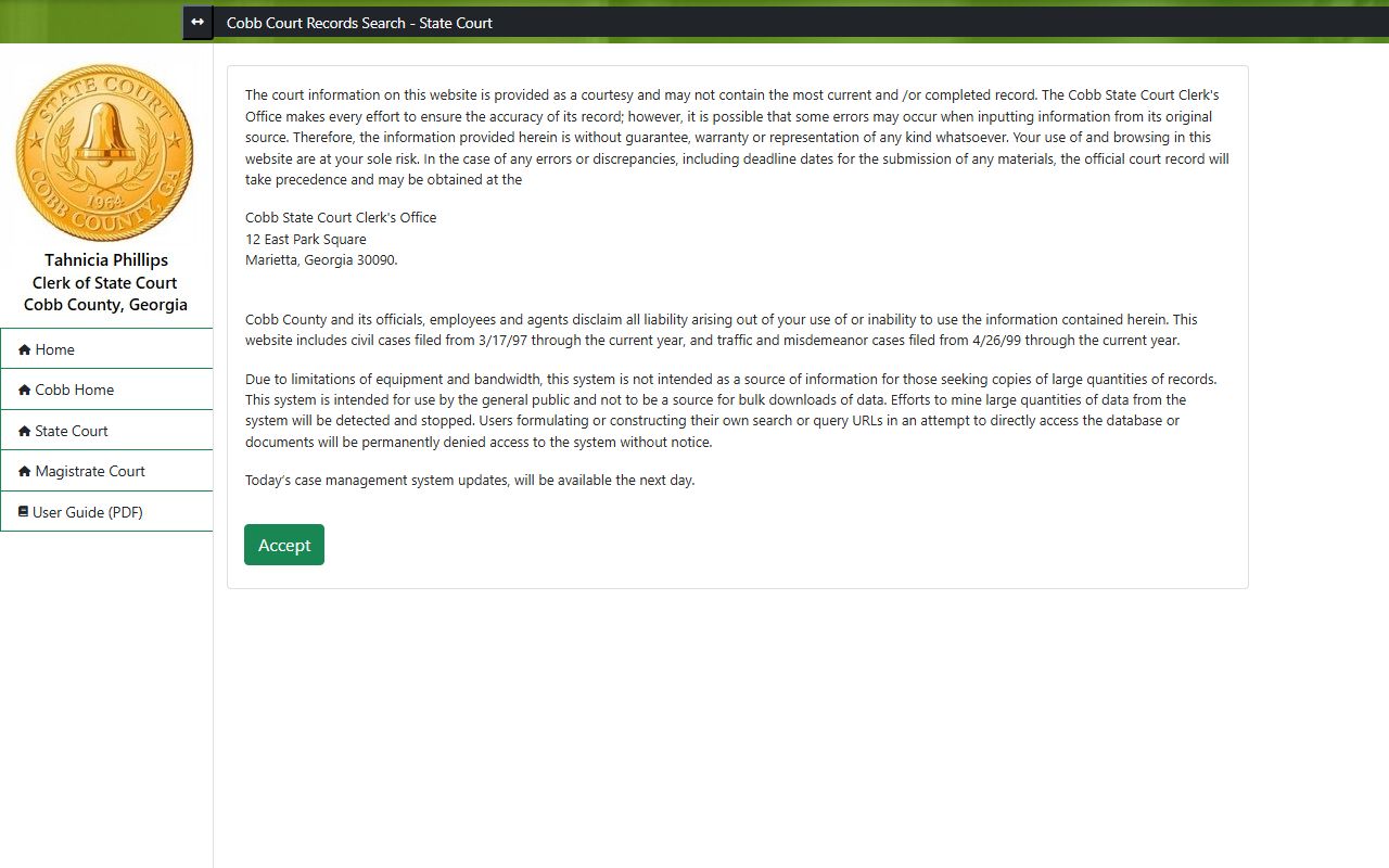 Cobb County court records State Court records search disclaimer