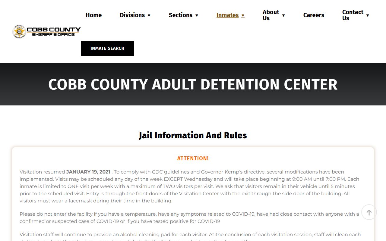 Cobb County Adult Detention Center page for inmate search and jail information