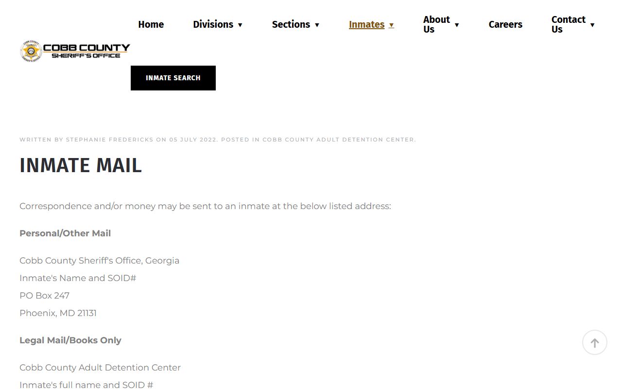 Cobb inmate mail rules and mailing addresses