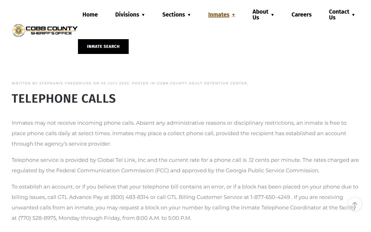 Cobb inmate telephone call rules and GTL contact information