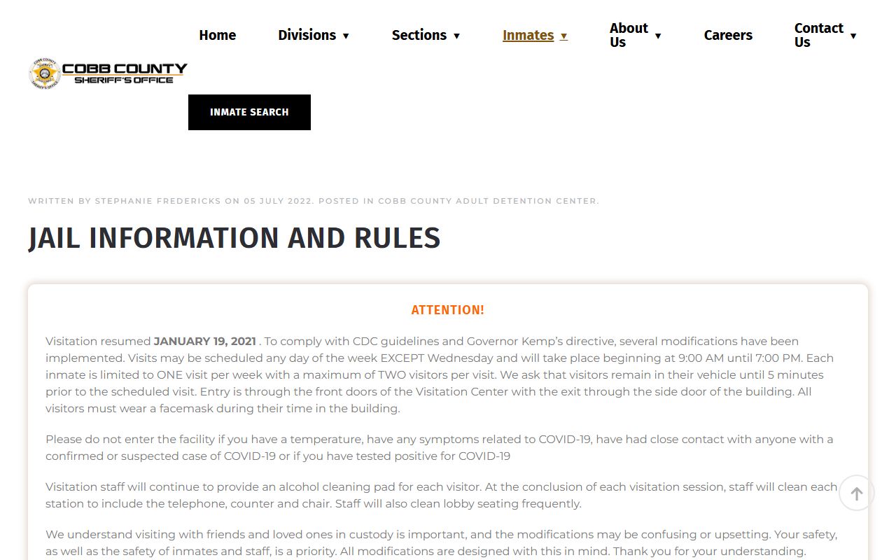 Cobb jail information and visitation rules page