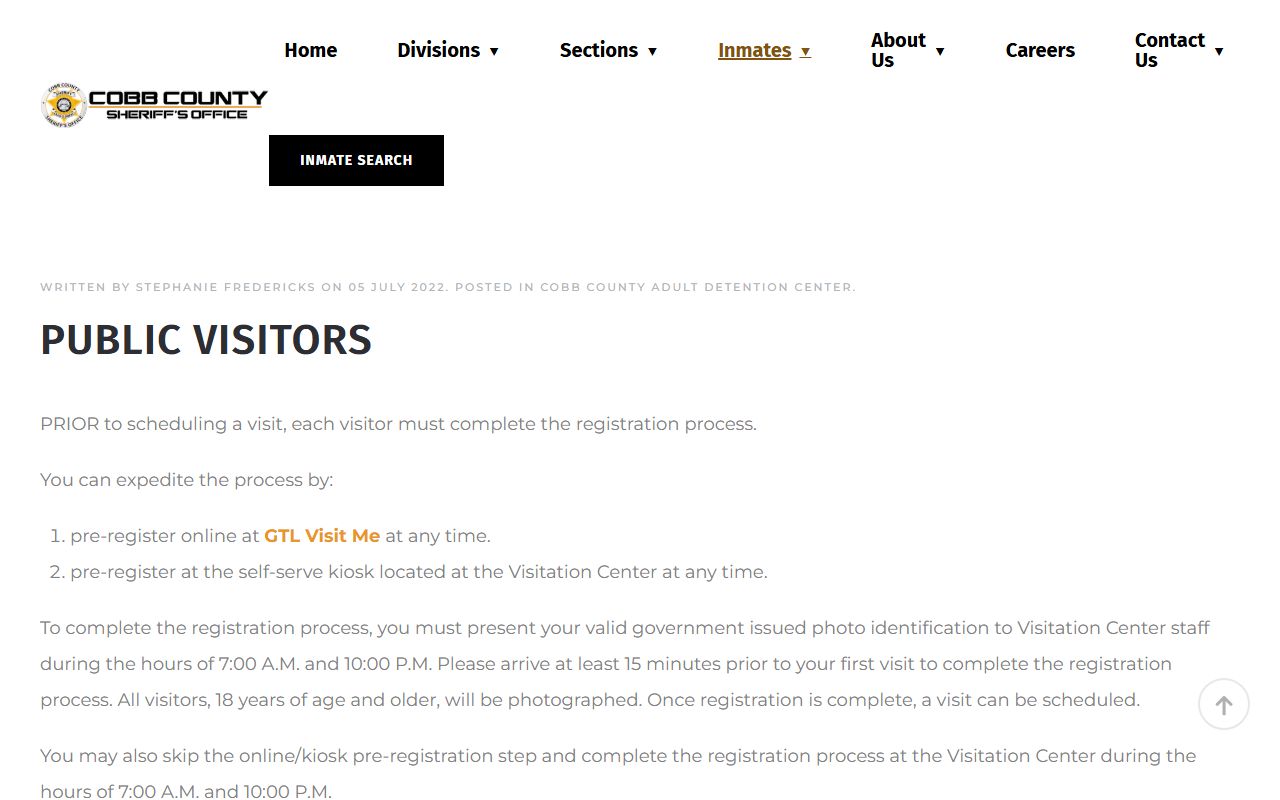 Cobb public visitor registration and scheduling page for jail visits