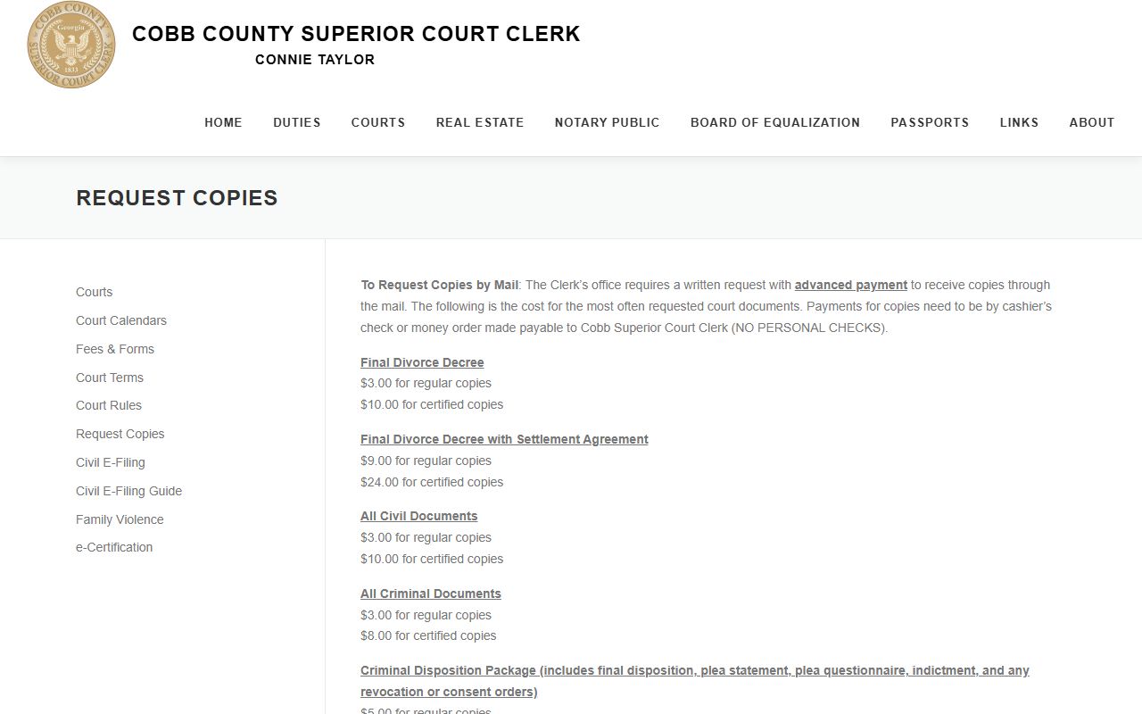 Cobb County divorce records Superior Court Clerk copy request page