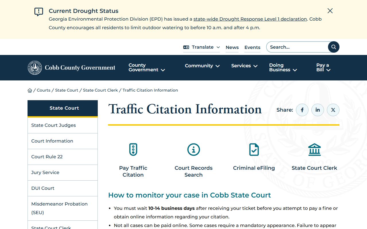 Cobb County traffic court records State Court citation instructions