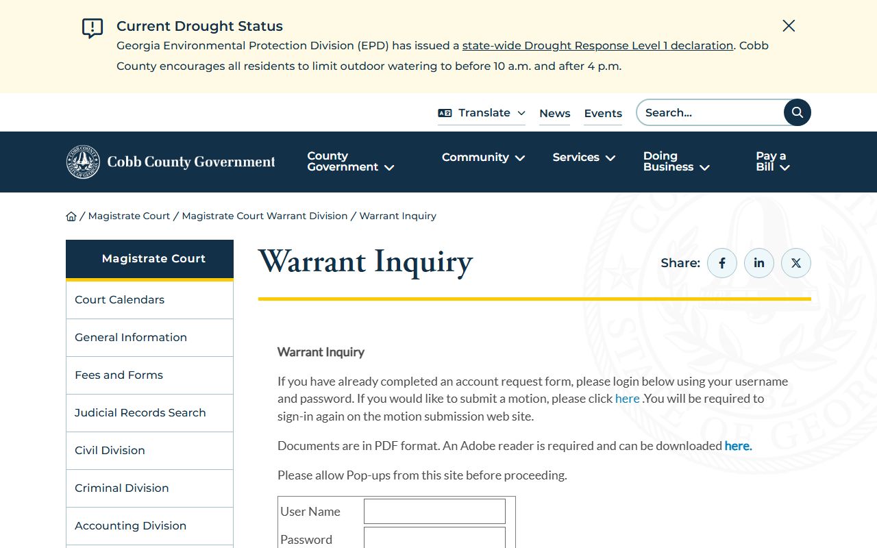 Cobb County Warrant Inquiry page for active warrant searches
