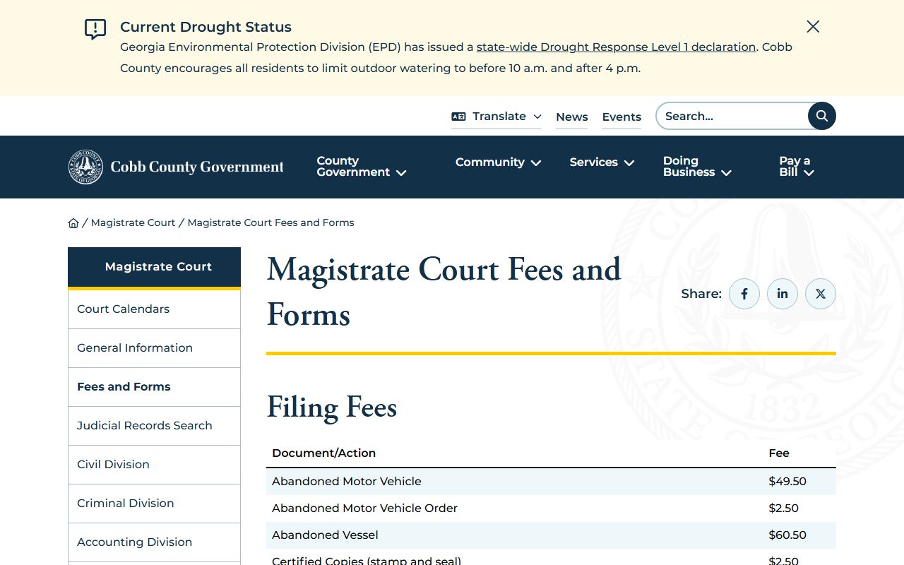 Cobb Magistrate Court fees and forms page for warrant filing costs