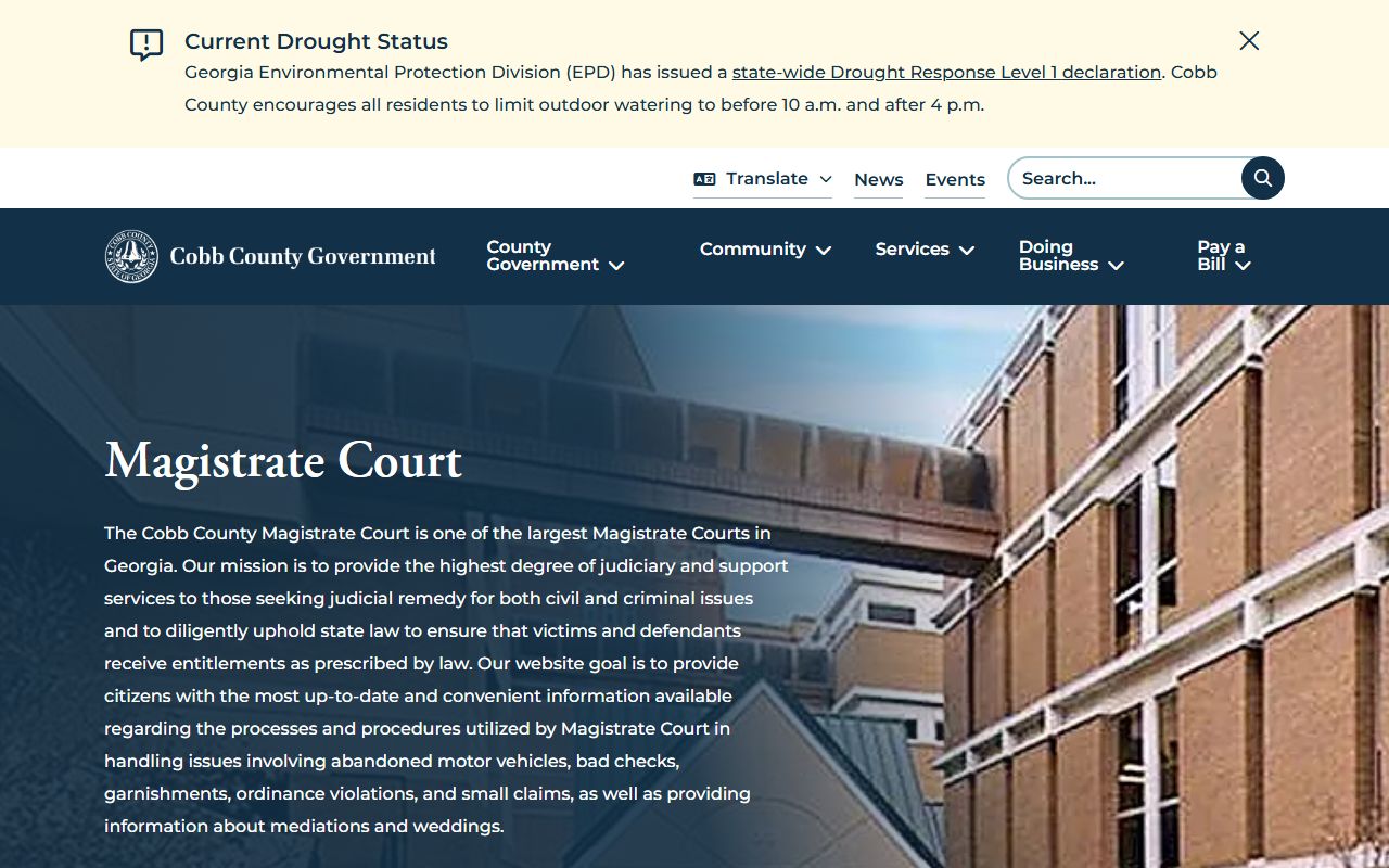 Cobb Magistrate Court page with warrant and judicial record links